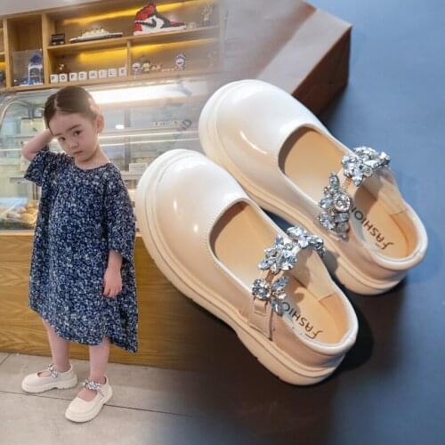 Girls Shoes 2021 Autumn New Fashion Water Drill Paint Leather Little Girl British Wind Black Single-shoe Princess Shoes
