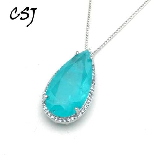 CSJ Elegant Paraiba Tourmaline Necklace Created Gemstone Pendant Big Stone Pear12*25mm for Women Fine Jewelry Party Wedding Gift