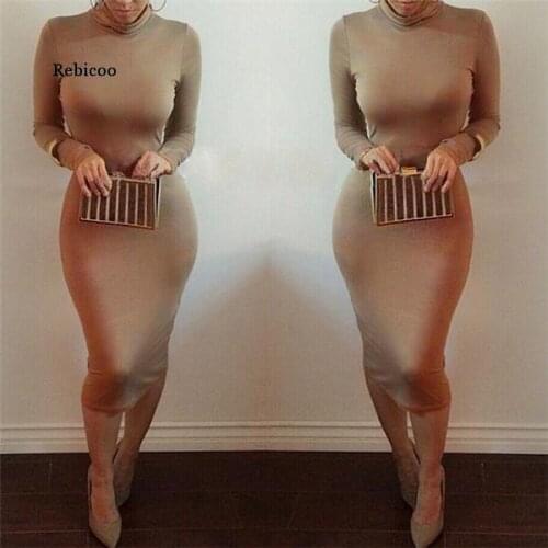 Sexy Women Bandage Dress Autumn Turtleneck Slim Long Sleeve Bodycon Dress Fashion High Neck Club Sheath Wrap Dresses