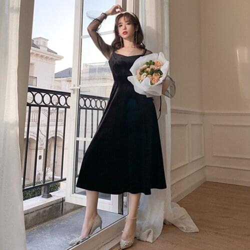 Mesh Patchwork Black Velvet Dress Woman Long Flare Sleeve Casual Elegant Sundresses Women Streetwear Womens Dresses New Arrival