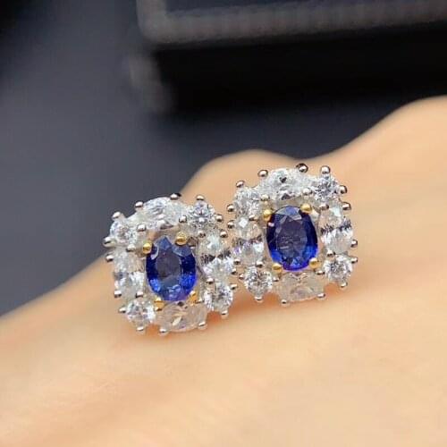 100% Real Natural Sapphire Earring 925 Sterling Silver Wedding Jewelry