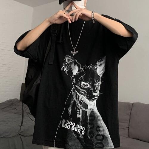 Harajuku style hand-painted hairless Sphinx cat loose wild short-sleeved T-shirt wild round neck