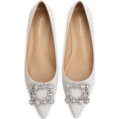 Shoes flat wedding shoes womens rhinestone crystal shoes pearl low-heeled white satin main wedding dress bride