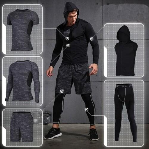 Vansydical Mens Compression Sports Suits Fitness Gym Tights Quick Dry Soccer Training Kits 5 Pcs Workout Jogging Sets
