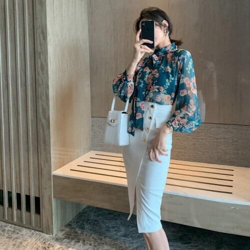 2021 Spring 2 Piece Set Women Official Floral Printed Lantern Sleeve Chiffon Blouse and Denim Skirt