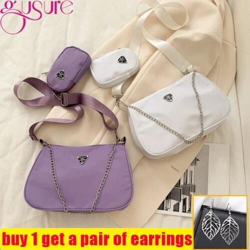 Gusure Vintage Design Nylon Shoulder Baguette Bag Women Small Handbags with Pouch Female Subaxillary Chain Travel Crossbody Bag