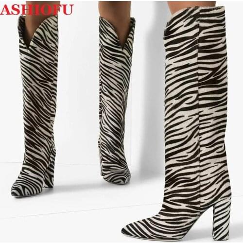 ASHIOFU Handmade New 2020 Ladies Chunky Heels Boots Zebra-style Sexy Night-club Party Booties Winter Evening Fashion Boots Shoes