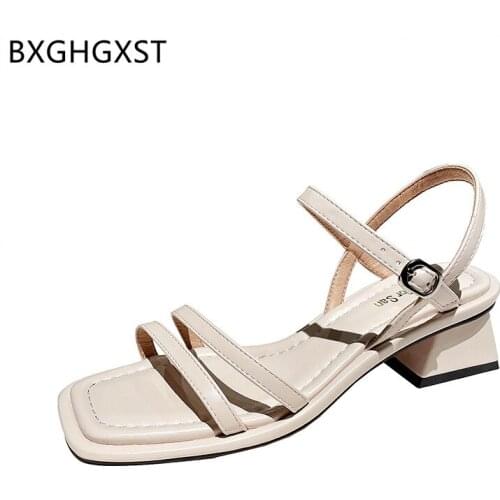 Leather Sandals Women Low Heels Sandals Woman Square Toe Heels Women Sandals Summer 2021 Block Heels Mary Jane Shoes Woman