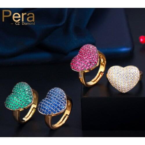 Pera Romantic Micro Full Red White Cubic Zirconia Paved Resizable Love Heart Shape Engagement Party Finger Rings for Women R155