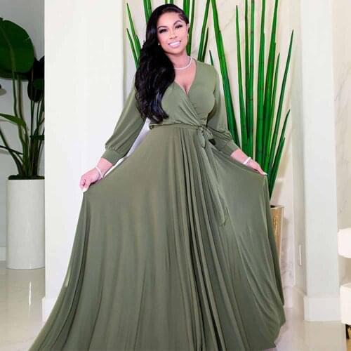 Pink/green/purple High Waist Pleated Party Dress Women Deep V Neck Full Sleeve Boho Maxi Dress Summer Fit and Flare Beach Dress