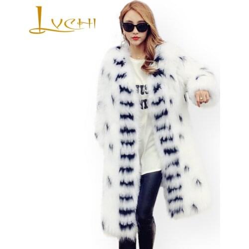 LVCHI 2019 fashion winter Knitted Fox coat real natural furs coat Medium Slim V-Neck striped women Warm new style Outerwear