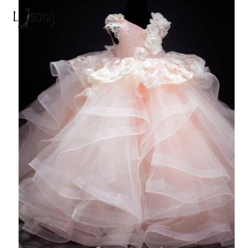 2017 Baby Pink Lush Pageant Dresses For Girls 3D Flower Lace Pearls Children Images Photoshoots Gowns Flower Girl Dresses