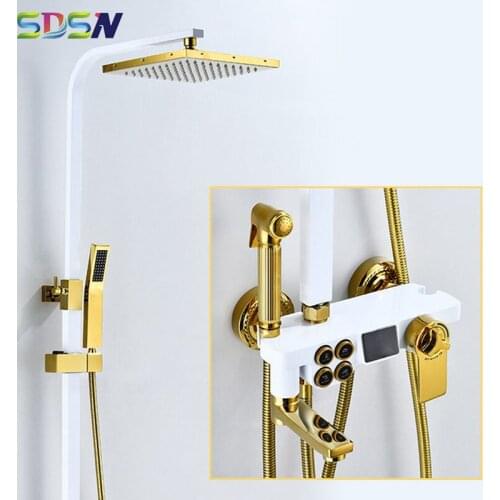 Digital Bathroom Shower Set White Gold Thermostatic Shower System Quality Brass Bathtub Mixer Faucet Rainfall Shower Head Sets