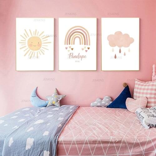 Baby Room Decor Sun Rainbow Print Cloud Name Birth Canvas Poster Sunshine Nursery Wall Art Painting Nordic Poster Picture