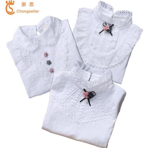 2018 Kids White Cotton Shirts For Girl Long Sleeve Lace Girls Blouses Spring Autumn Children School Uniforms Students Tops