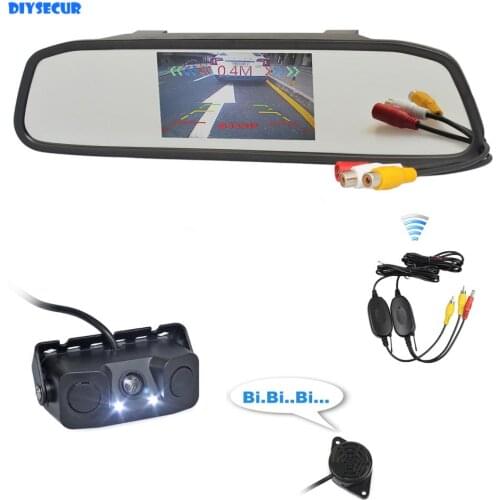 DIYSECUR Wireless Auto Parking Monitor System 4.3" Car Mirror Monitor Waterproof Parking Radar Sensor Car Camera