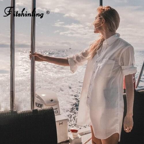 Fitshinling Button Up White Shirt Dress Long Sleeve Sheer Sexy Hot Pareos Bohemian Beach Cover-Up Pocket Slim Holiday Blouse New