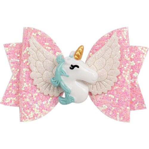 CN 3" Rainbow Unicorn Hair Bows for Girls Shiny Glitter Cartoon Wings Hair Clips Children Hairpins Kids Hair Accessories
