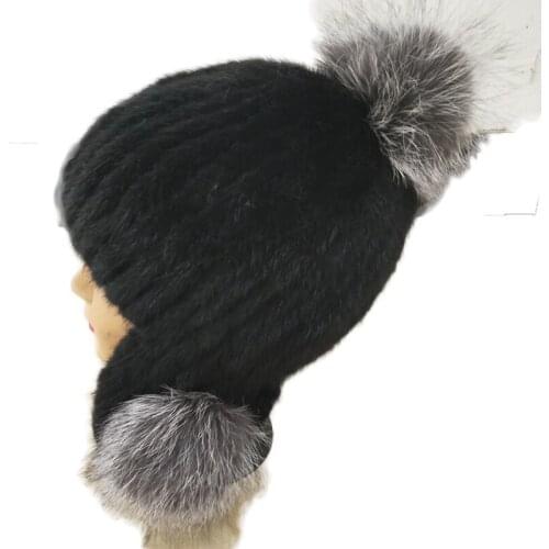 HSPL 2017 Winter Fashion Women Mink Fur Hat Pompom With Ear Flap Ladies Knit Beanie Warm Black Russia Cap Female Wholesale Caps