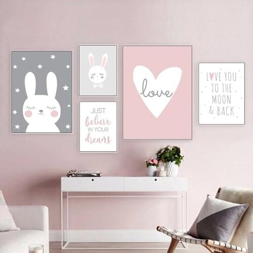 Kawaii Baby Girl Nursery Wall Art Cartoon Rabbit Star Canvas Painting Love Quote Posters and Prints Nordic Decoration Pictures