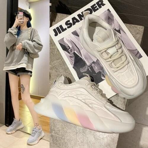 Autumn Fashion Lace-up Breathable Mesh Thick Bottom Chunky Sneakers Ladies Shoes Rainbow Sole Women Sneakers Flat Platform Shoes