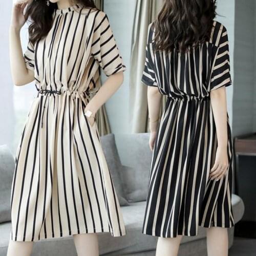 Fashion Summer Vertical Striped Shirt Dress Women Round Neck Half Sleeves Slim Fit Elastic Waist Casual Loose Mid-length Style