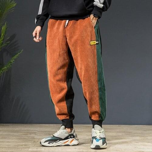 Fashion Joggers Pants Men Loose Fit Spliced Designer Elastic Waist Corduroy Autumn Winter Harem Pants Slack Bottom Hip Hop Pants