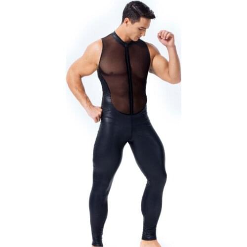 Sexy Men Mesh Patchwork Bodysuit Faux Leather Bodysuit Sheer See Through Bandage Leotard Sexy Tight Jumpsuit Gay Wear Plus Size