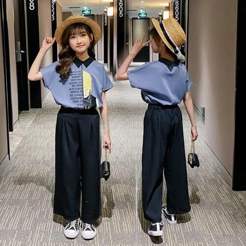 Teen Girls Summer Clothing Set 2021 New Kids Outfits Printed Shirt Wide-leg Pants Two-piece Suit for Children Clothes 12 13 14Y