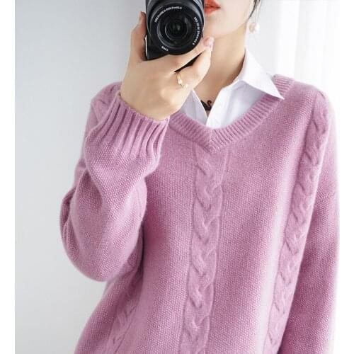 High-End Autumn Winter 100% Cashmere And Wool Sweater V- Neck Womens Female Loose Large Size Knitted Girl Clothes Tops Outwear