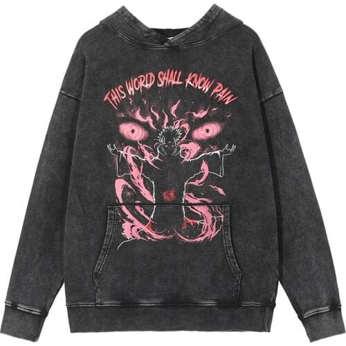 Hoodie Men Anime Print Big Pocket Washed Hooded Pullover Autumn Hipster High Street Diablo Style Sweatshirts Streetwear
