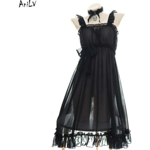 AniLV Bell Chiffon Nightdress Uniform Temptation Lingerie Costume Women Perspective Maid Dress Underwear Pajamas Clothes
