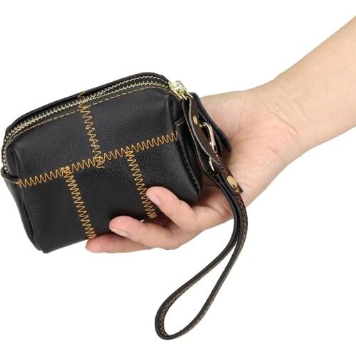 Genuine Leather Women Card Coin Key Holder Pouch Mini Pocket 2 Layer Zipper Popular Small Money Bag Wallet Small Change Soft Bag
