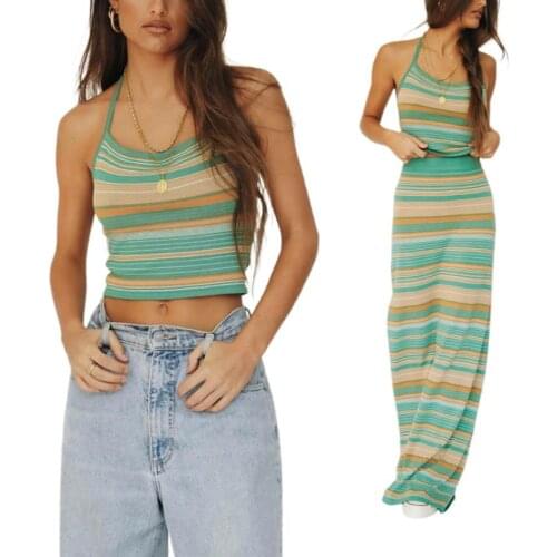 Women’s 2 Piece Summer Outfits Sexy Striped Print Sleeveless Halter Crop Cami Tops Maxi Skirt Set
