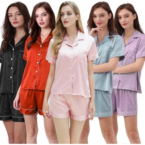 Women Silk Pajama Sets Womens Ladies Satin Pyjama Set Silky Summer Lounge Wear Short Sleeve Pajamas Set Pj Set Solid