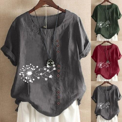 SAGACE 2021 womens round neck top cotton linen short sleeve clothes new dandelion printing summer womens fashion футболка