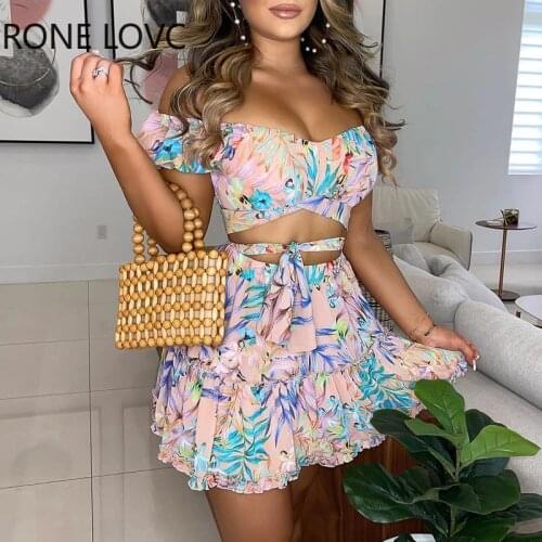 Spring Off Shoulder Floral Print Top & Frill Hem Skirt Set Women Sets 2 Piece Set