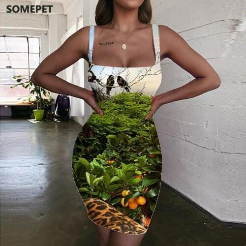 SOMEPET Animal Dress Women Tiger 3d Print Forest Ladies Dresses Harajuku Halter Sleeveless Womens Clothing Club New Korean Style