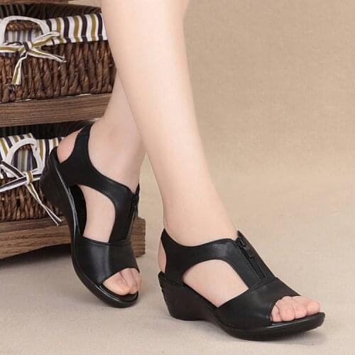 Summer New Women Sandals 2021 Fashion High Heel Wedges Leather Shoes Woman Solid Casual Zip Platform Sandals