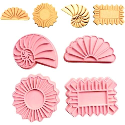 4pcs/set Sandwich Biscuit Mould Fan Conch Sun Wave Pattern Cookie Stamp Cake Pastry Art Cake Fondant Decoration Baking Tools