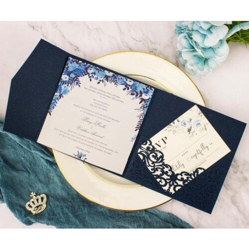 50pcs/lot square pearl paper pocketfold cards Laser Cut Wedding invitation Cards three folded Greeting cover for weddin invite