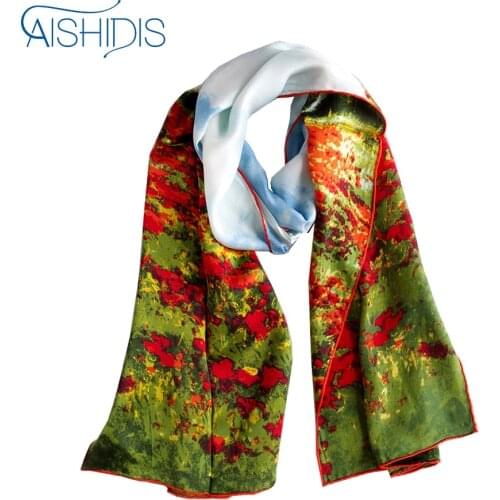 Long Silk Scarf Shawl Claude Monet "Poppy Field in Argenteuil" Grass Theme Flower Wraps Handrolled Hems
