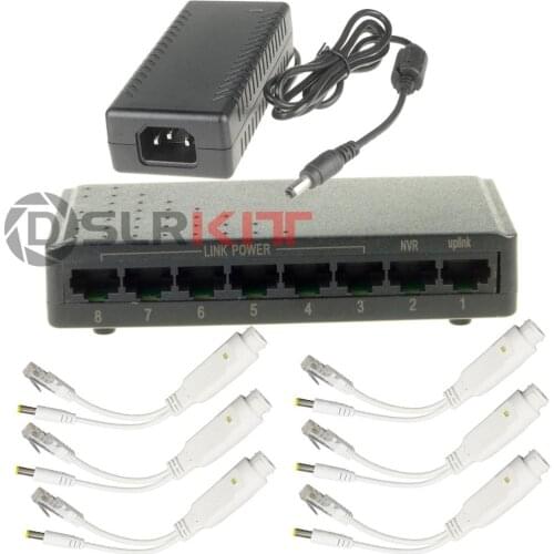 DSLRKIT 8 Ports 6 PoE 2 Uplink Injector Switch Splitter Kit for 12V DC Non-PoE CCTV IP Camera