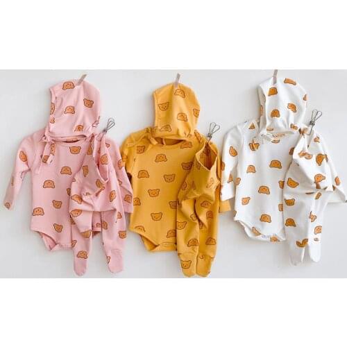 Baby Girl Boy Clothes Sets 3pcs Bear Romper + Pant + Hat Babys Underwear Autumn Cotton Long Sleeve Newborn Baby Outfits