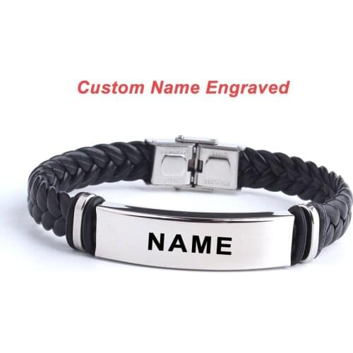 Black Sesame Custom logo Name Engrave Leather Bangle & Bracelet customize Stainless Steel Bracelets For Women Men ID Bracelet