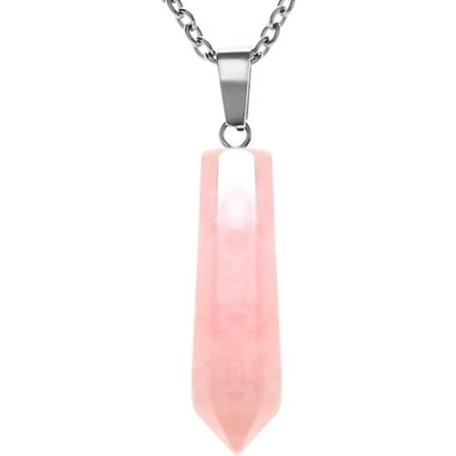 Cute Rose Quartz Pendant Necklace for Women Korean Jewelry Stainless Steel Chain Geometric Natural Stone Statement Necklace Gift