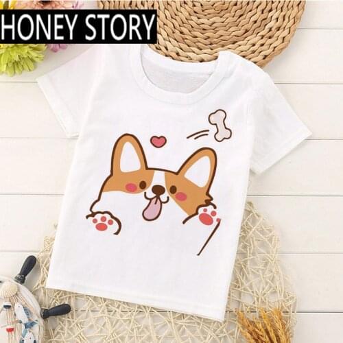 Kawaii Corgi T Shirt Kids Summer Top Cartoon Funny Dog Graphic Tshirt Boys/girls Unisex Short Sleeve Casual Tshirt Children
