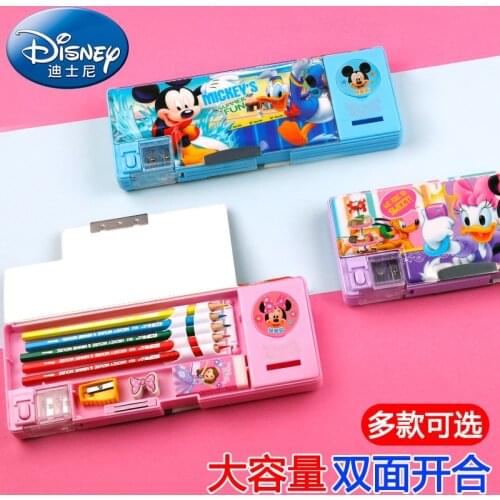 Disney multi-function double open stationery box cute cartoon large capacity pencil case with pencil sharpener learning gift