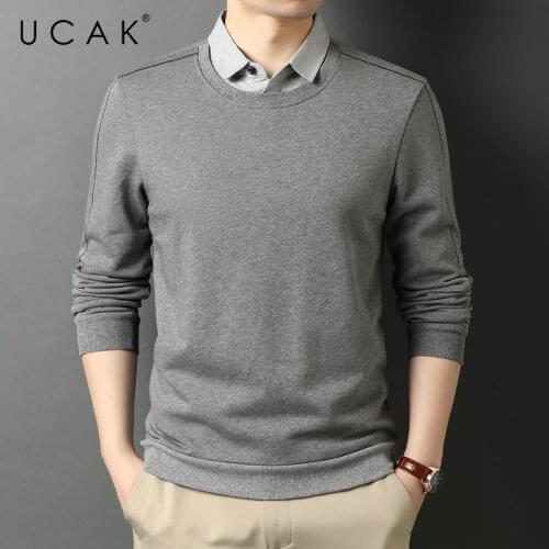 UCAK Brand Classic Casual Turn-down Collar Solid Color T Shirt Men Clothes Autumn Cotton Streetwear Long Sleeve T-Shirts U5729