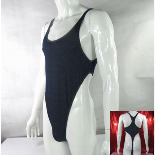 Mens Thong Bodysuit Stretch High Cut Racer Back Denim Knit Spandex G428D